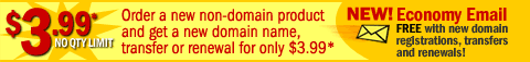 New domain name, transfer or renewal for only $3.99* -- New! Free Economy Email with new domain registrations, transfers and renewals!